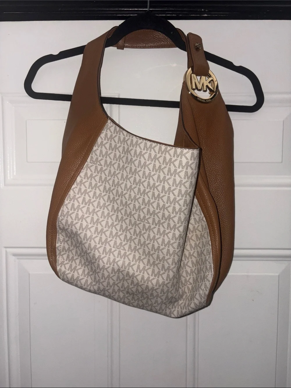 Michael Kors Tan and Cream MK Logo Hobo Shoulder Bag with Gold MK Charm